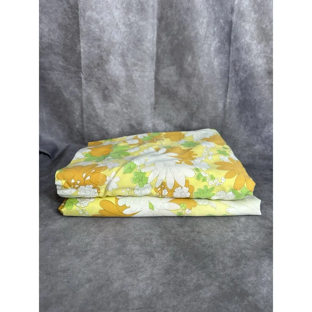 Vintage Cannon Monticello Full Size Flat And Fitted Flower Retro Orange Yellow
